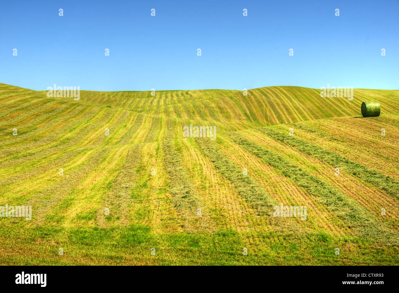 Schöne Hdr Agrarlandschaft: Muster im Feld neu gewendetem mit einem Heuballen über die sanften Hügel. Stockfoto