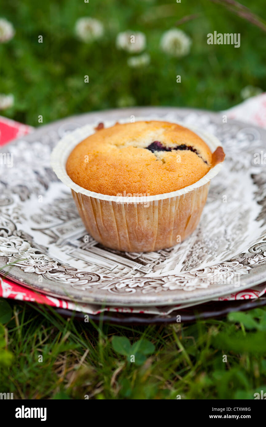 Nahaufnahme der köstliche hausgemachte Blueberry Muffin auf dem Teller Stockfoto