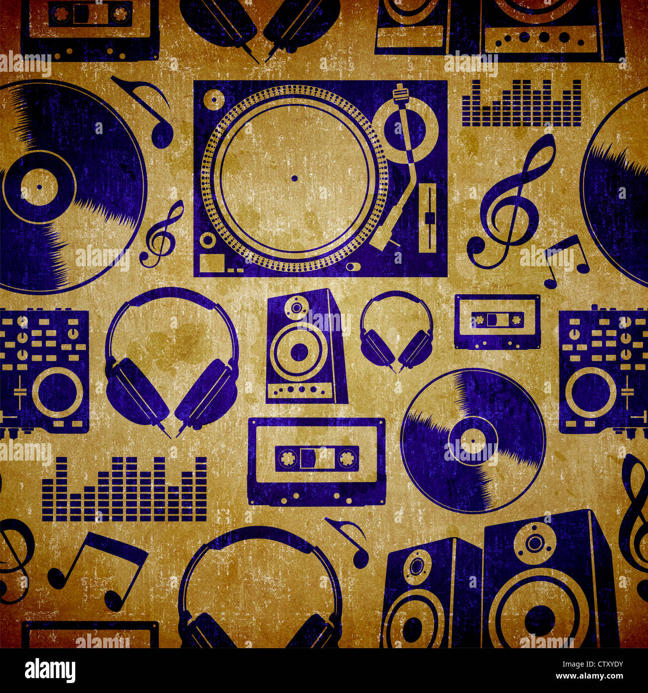 DJ Symbolsatz Musik Vintage Musterdesign Hintergrund. Stockfoto