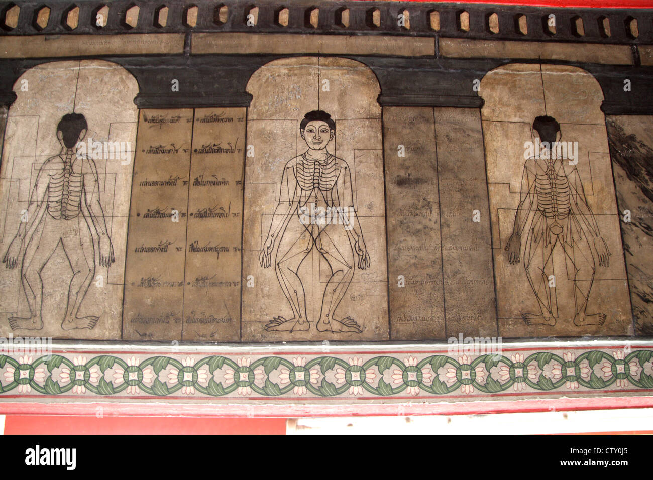 Thai-massage, Akupressur-Punkte auf einer Wandmalerei im Wat Pho Stockfoto