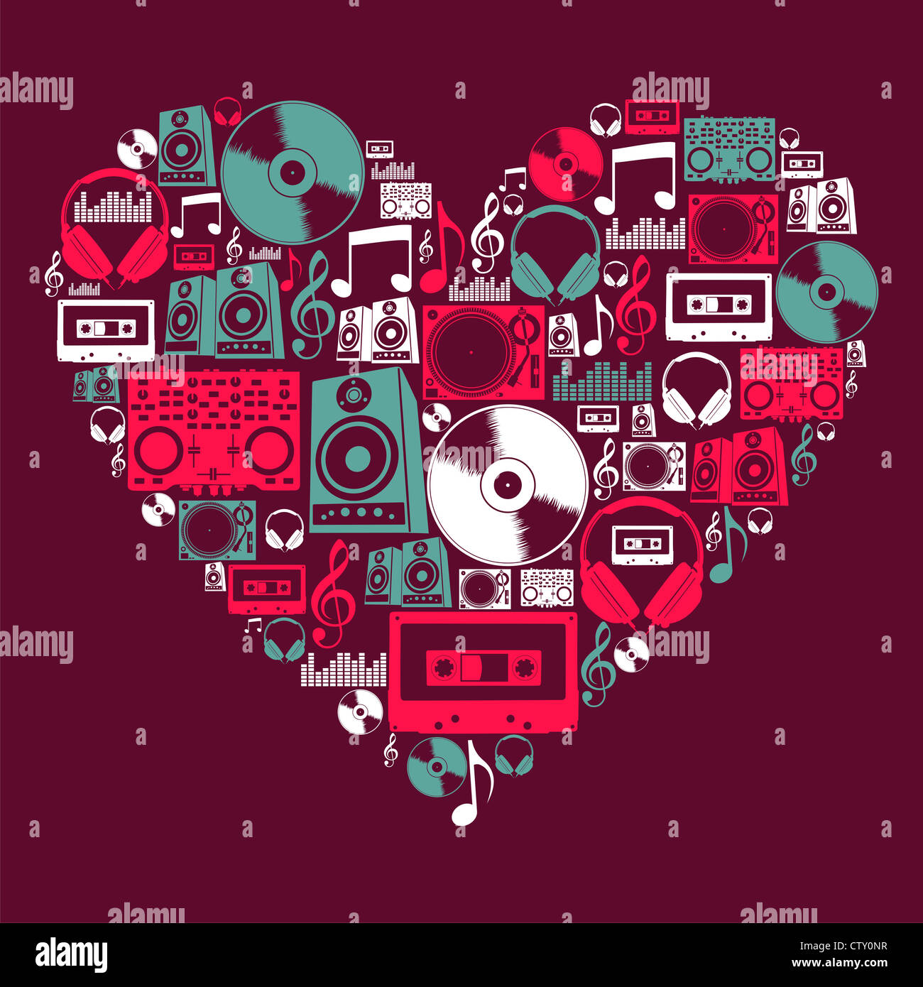 DJ Musik Symbolsatz in Liebe Herzform. Vektor-Datei geschichtet für einfache Handhabung und individuelle Farbgebung. Stockfoto