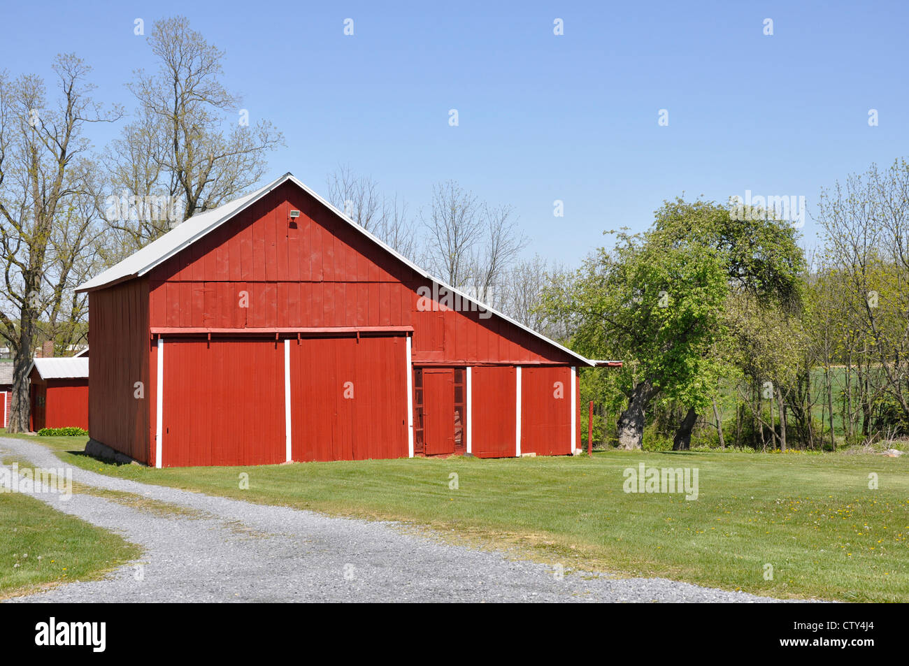 Rote Scheune durch eine Schotterstraße in Ost-Pennsylvania.  Es gibt einen hellen klaren blauen Himmel Overhead und einen grünen Rasen. Stockfoto