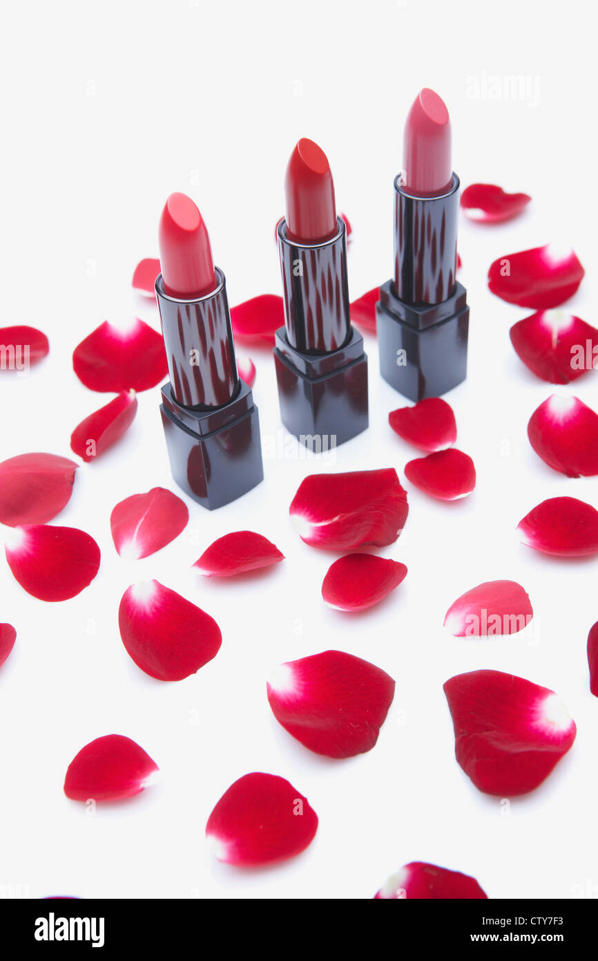 Roten Lippenstift und Rosenblättern Stockfoto