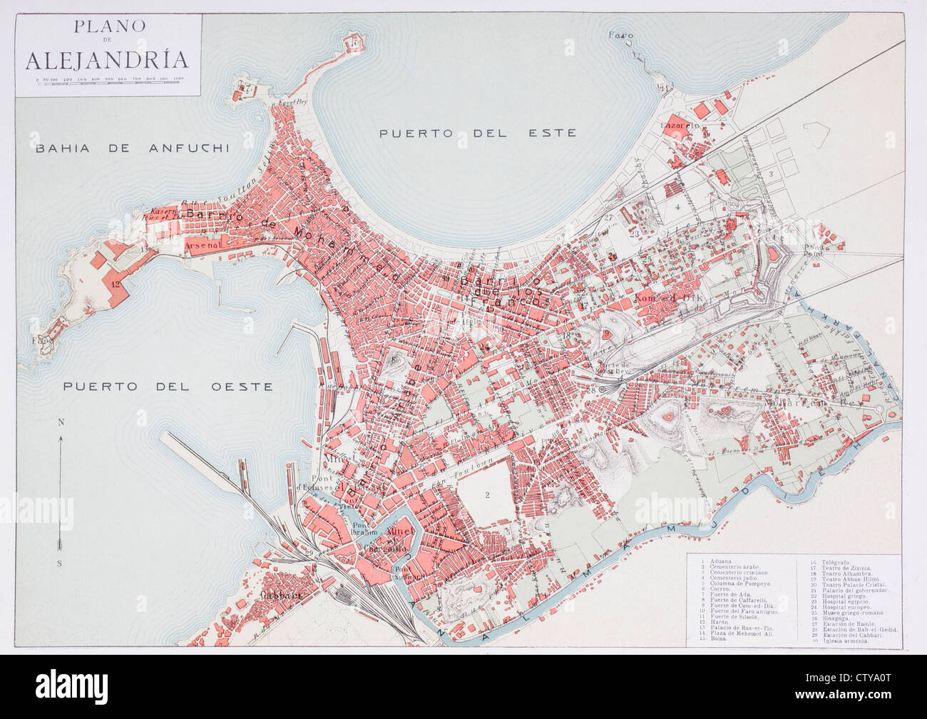 Plan von Alexandria, Ägypten an der Wende des 20. Jahrhunderts. Karte ist in spanischer Sprache bearbeitet. Stockfoto