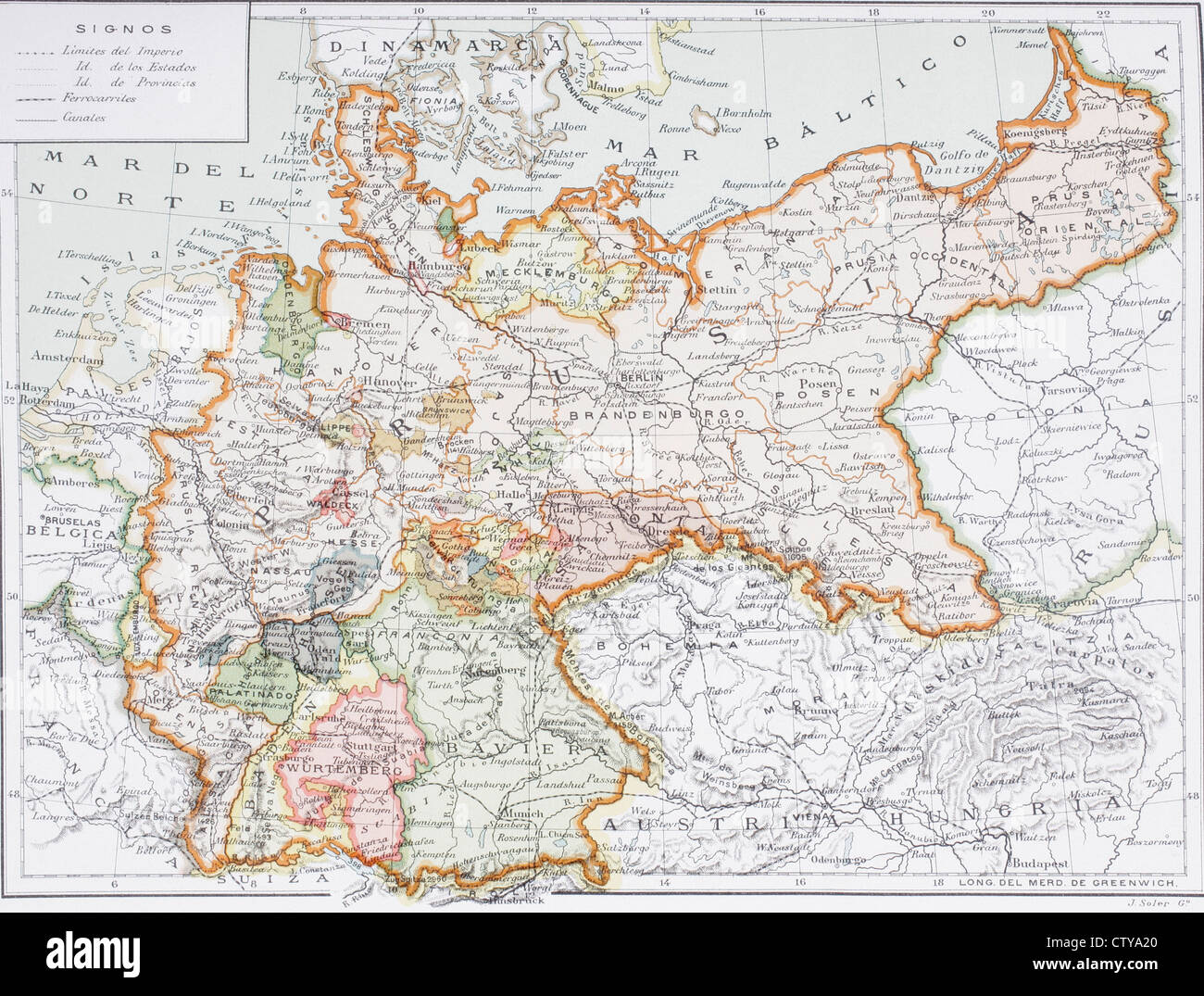 Karte von kaiserlichen Deutschland vor dem ersten Weltkrieg, an der Wende des 20. Jahrhunderts. Karte ist in spanischer Sprache bearbeitet.  Preußen und dem Deutschen Reich. Stockfoto