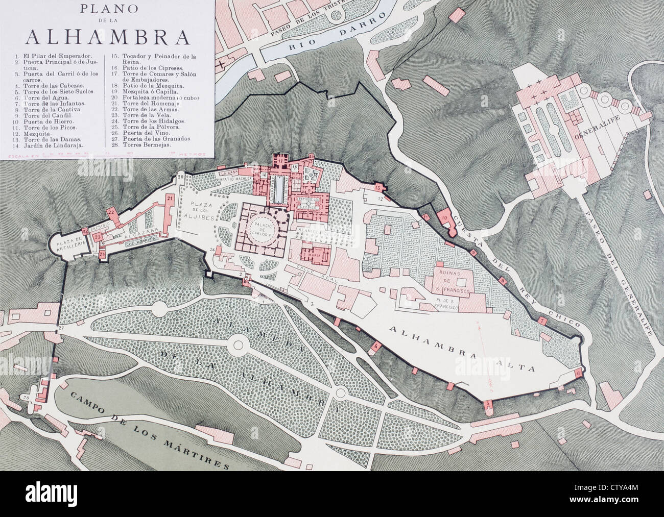 Granada, Spanien. Plan der Alhambra und der umliegenden Gemeinden um die Wende des 20. Jahrhunderts Stockfoto