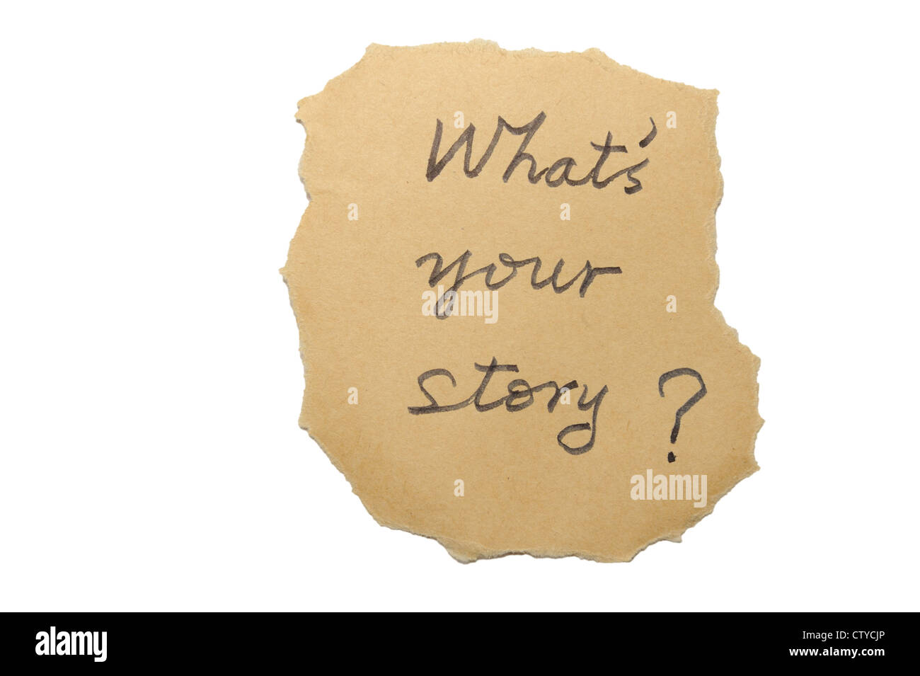 Was ist Ihre Geschichte Worte auf einem alten Papier geschrieben Stockfoto
