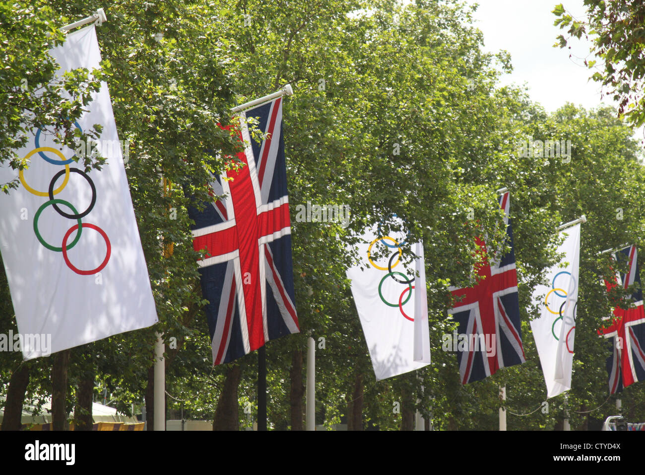 Olympische Flagge und Union Jacks hängen in den Bäumen Stockfoto