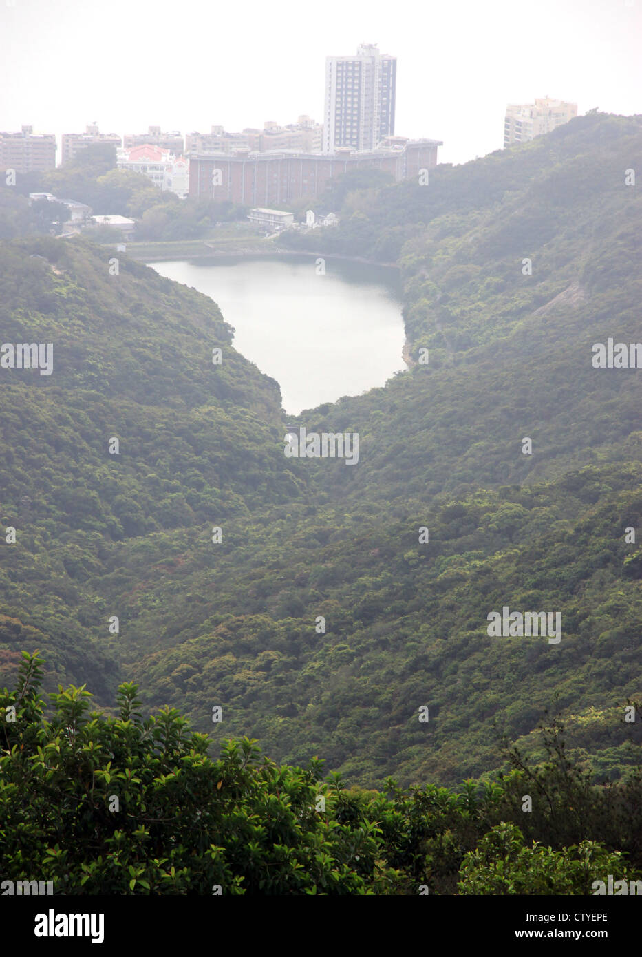 Ein Blick auf die Pok Fu Lam Reservoir aus dem Victoria Peak in Hong Kong Stockfoto