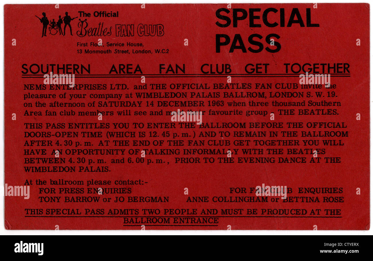 000719 - die Beatles offizieller Fanclub südlichen Bereich Special Pass für Wimbledon Palais am 14. Dezember 1963 Stockfoto