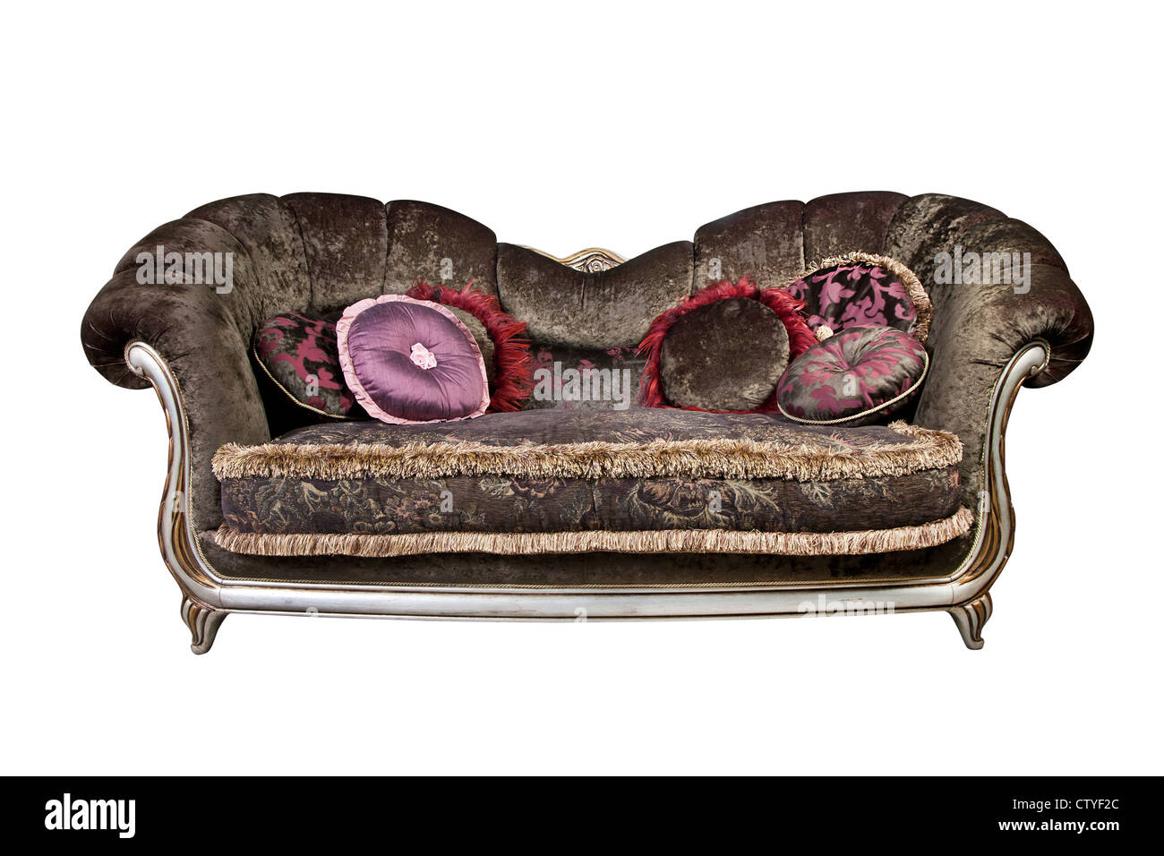 Sofa mit Kissen isoliert auf weiss Stockfoto