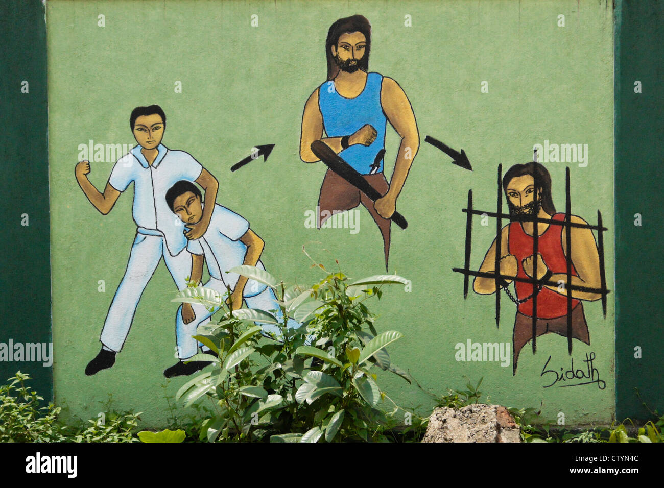 Wandgemälde, was passieren könnte, wenn sie in der Schule kämpfen, Aluthgama, Sri Lanka Stockfoto
