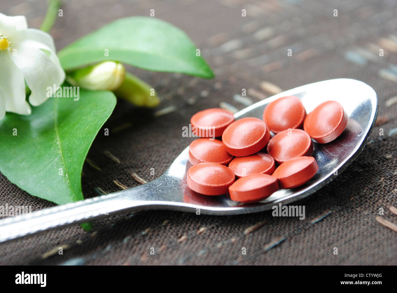 Silberlöffel mit Pillen Stockfoto