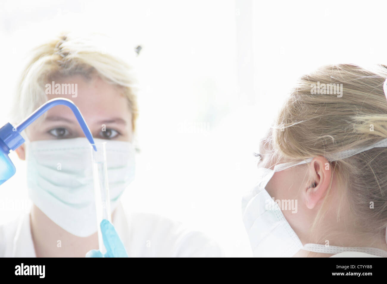 Wissenschaftler fallen Flüssigkeit in Reagenzglas Stockfoto