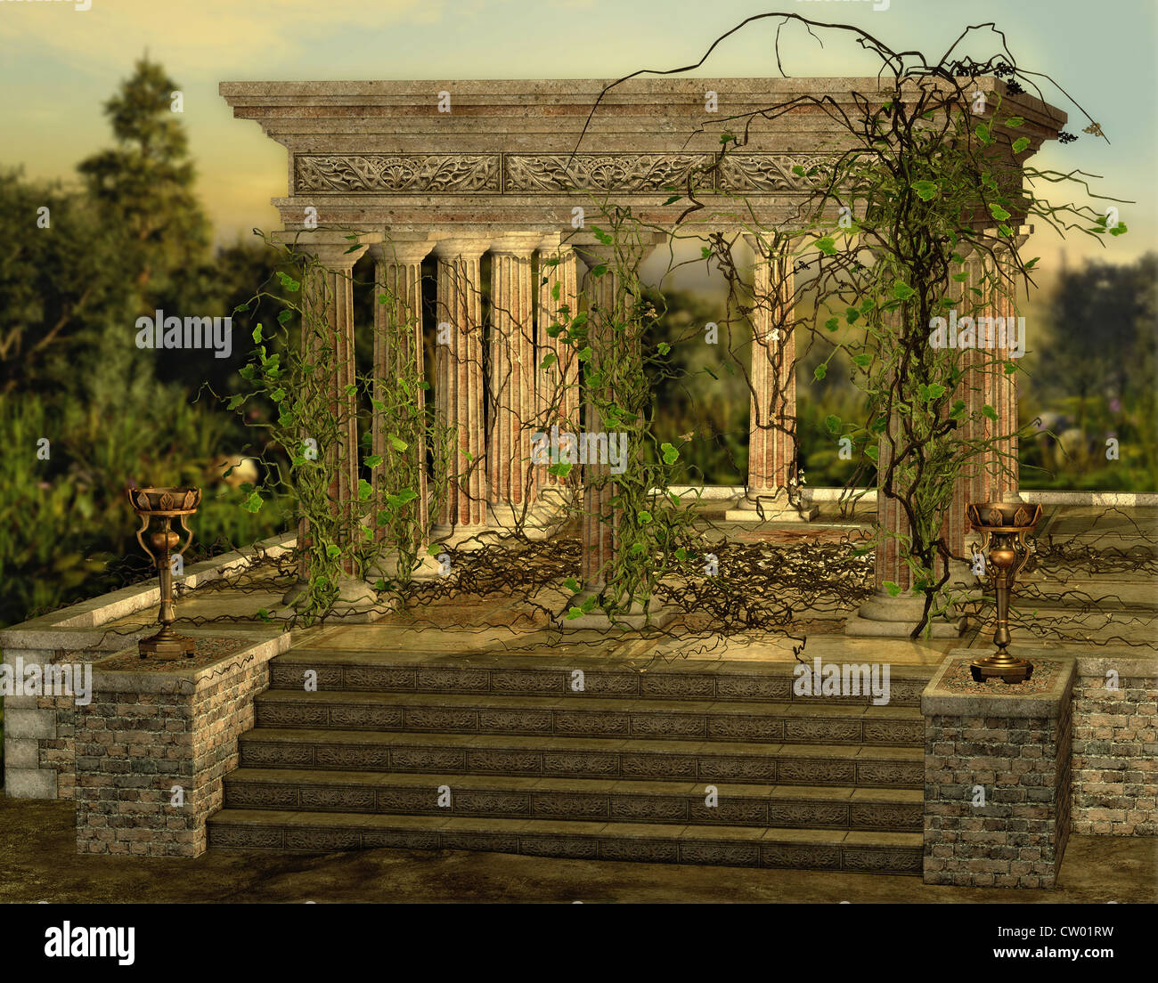 einem alten griechischen Tempel mit einem Brenner und Efeu Stockfoto