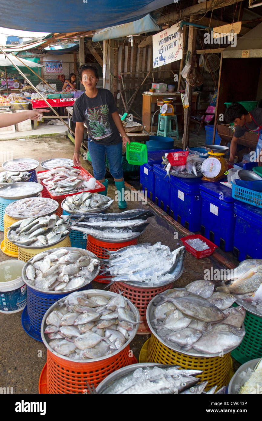 Anbieter verkaufen frischen Fisch in einem Markt unter freiem Himmel auf der Insel Ko Samui, Thailand. Stockfoto