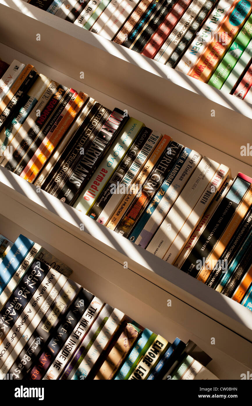Taschenbücher über Bücherregale mit Jalousie Schatten Stockfoto