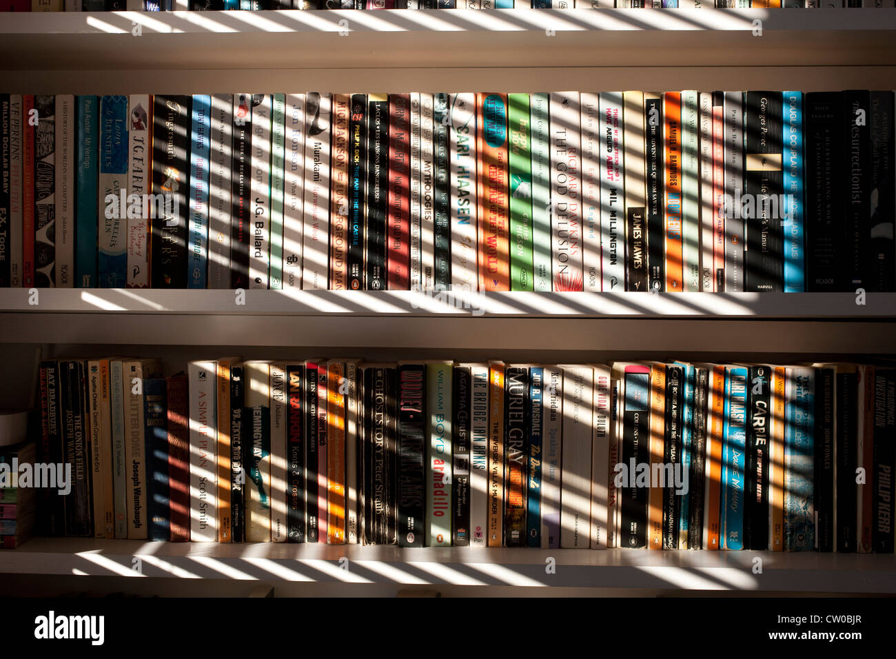 Taschenbücher über Bücherregale mit Jalousie Schatten Stockfoto