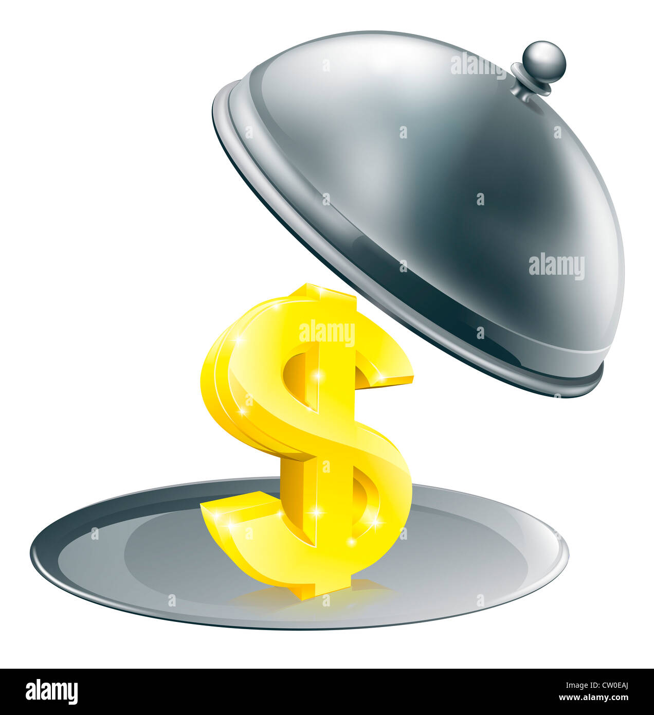 Ein Dollarzeichen auf Silbertablett. Konzeptionelle Darstellung für Gelegenheit, Geld zu verdienen oder vielleicht mit teuren Restaurants zu tun Stockfoto