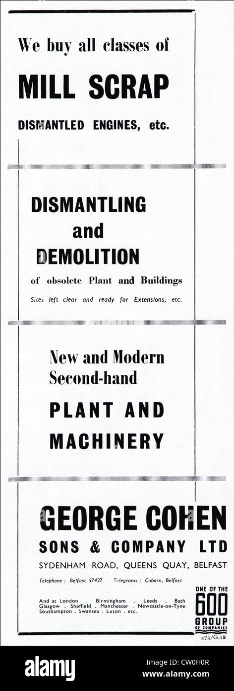 Vintage print Werbung aus Textil Hersteller Jahrbuch ca. 1948 Werbung GEORGE COHEN Söhne & COMPANY LTD von BELFAST spezialisiert Mühle Schrott, Demontage & Abriss Stockfoto