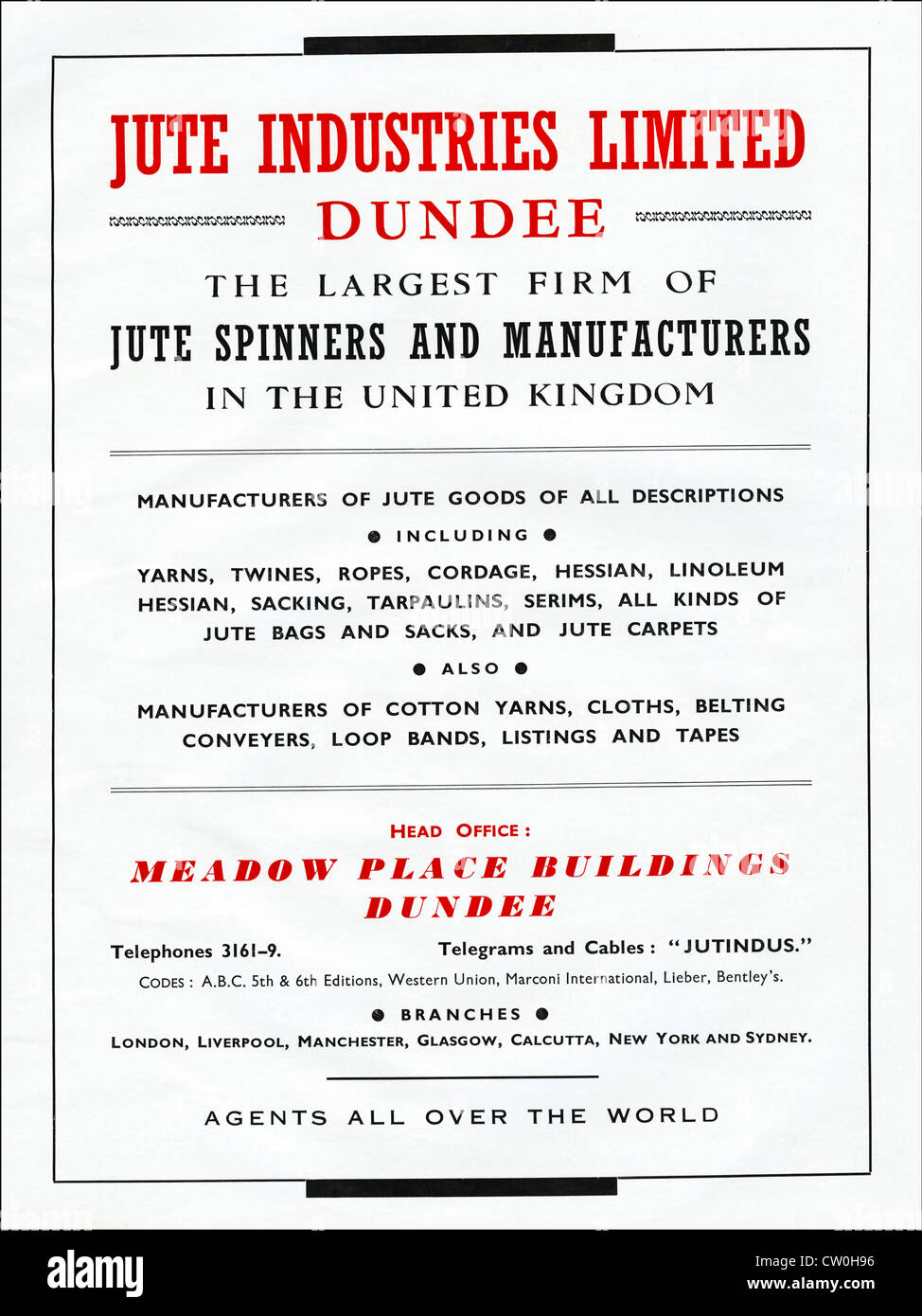 Vintage Printwerbung aus Textil Hersteller Jahrbuch ca. 1948 Werbung JUTE INDUSTRIES LIMITED DUNDEE Jute Sünder und Hersteller Stockfoto