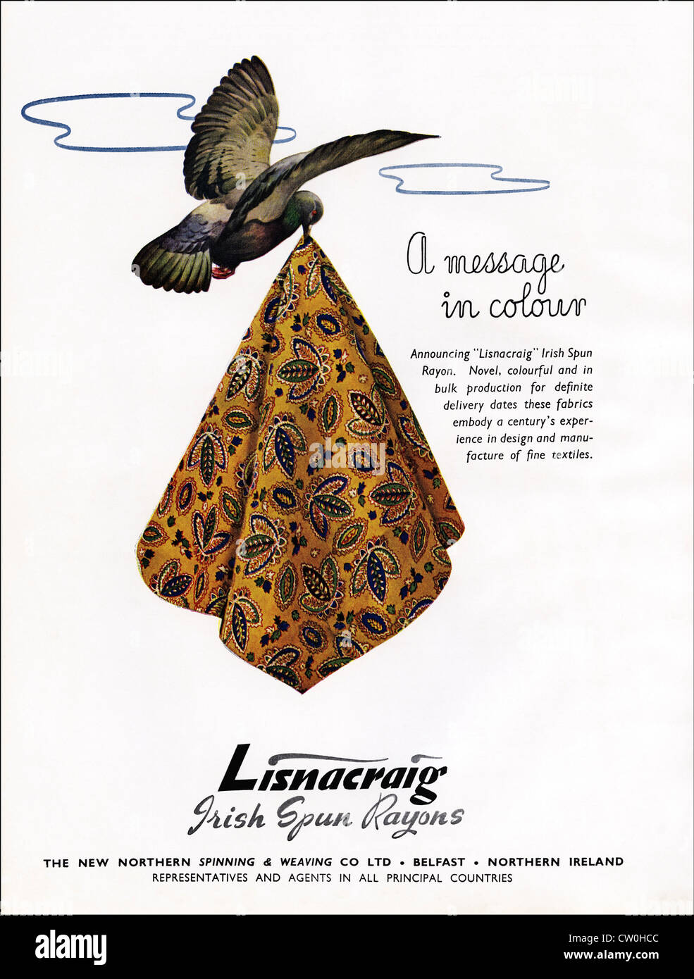 Vintage Printwerbung aus Textil Hersteller Jahrbuch ca. 1948 Werbung der neuen nördlichen SPINNING & weben CO LTD der BELFAST Hersteller von irischen gesponnen RAYONS LISNACRAIG Stockfoto