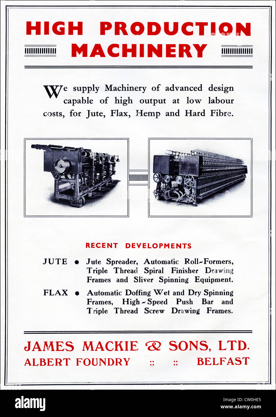 Vintage print Werbung aus Textil Hersteller Jahrbuch ca. 1948 Werbung JAMES MACKIE & SONS LTD BELFAST Lieferanten von Textilmaschinen Produktion für Jute, Flachs & Hanf-Faser Stockfoto
