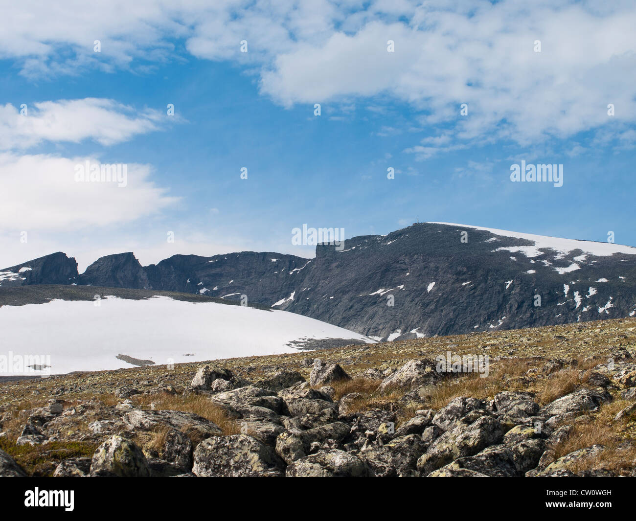 Panoramablick auf den Berg Snøhetta (Vingen) im Dovrefjell Nationalpark in Norwegen mit 4 Gipfel über 2000 Meter Stockfoto