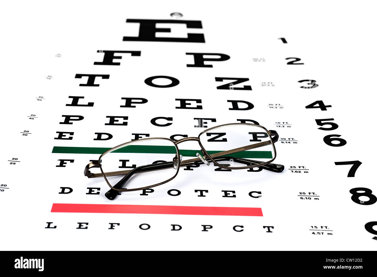 Ein paar Lesebrille auf einem Snellen Auge Prüfung Chart, Sehkraft Genauigkeit zu prüfen. Stockfoto