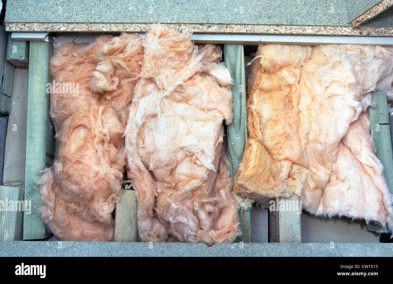 Dämmmaterial zwischen Unterzug für Diele Isolierung eingesetzt. Stockfoto