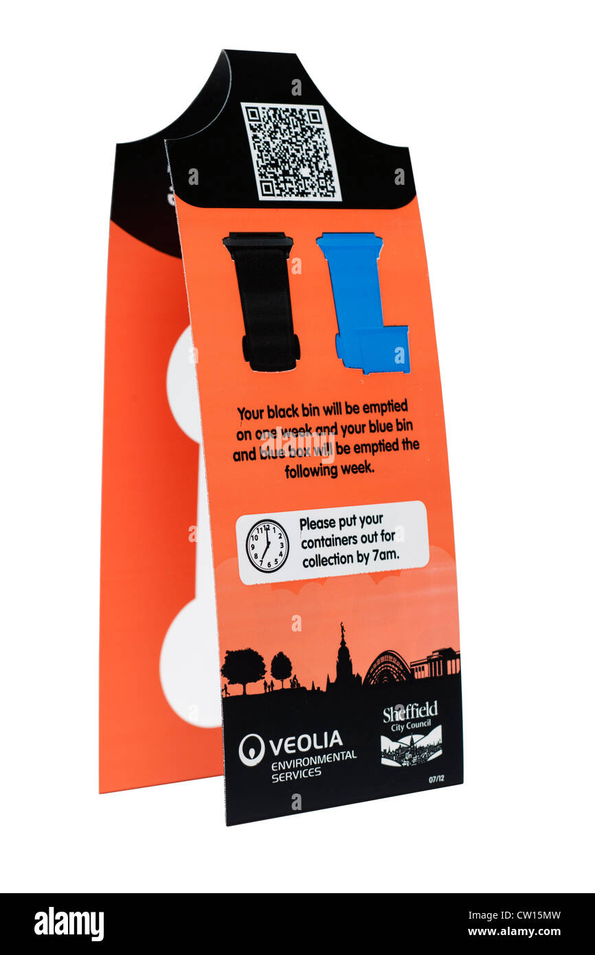 Veolia Sheffield ökologischen Dienstleistungen Benachrichtigung Label-Tag für schwarze Papierkorb entleeren Änderung von wöchentlich einmal vierzehn Tage Stockfoto