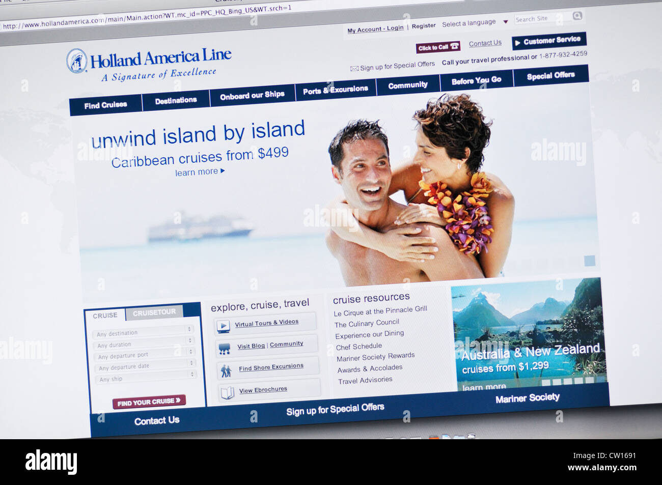 Holland America Kreuzfahrten Webseite Stockfoto