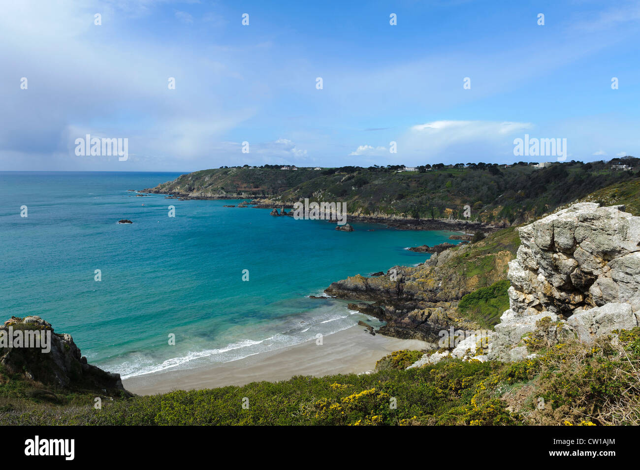 Blick vom Jerbourg Point auf Moulin Huet Bay, Insel Guernsey, Channel Islands Stockfoto