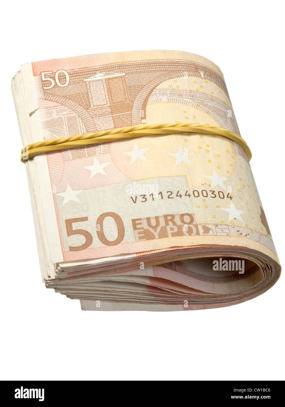 50-Euro-Banknoten unter Gummiband Stockfoto