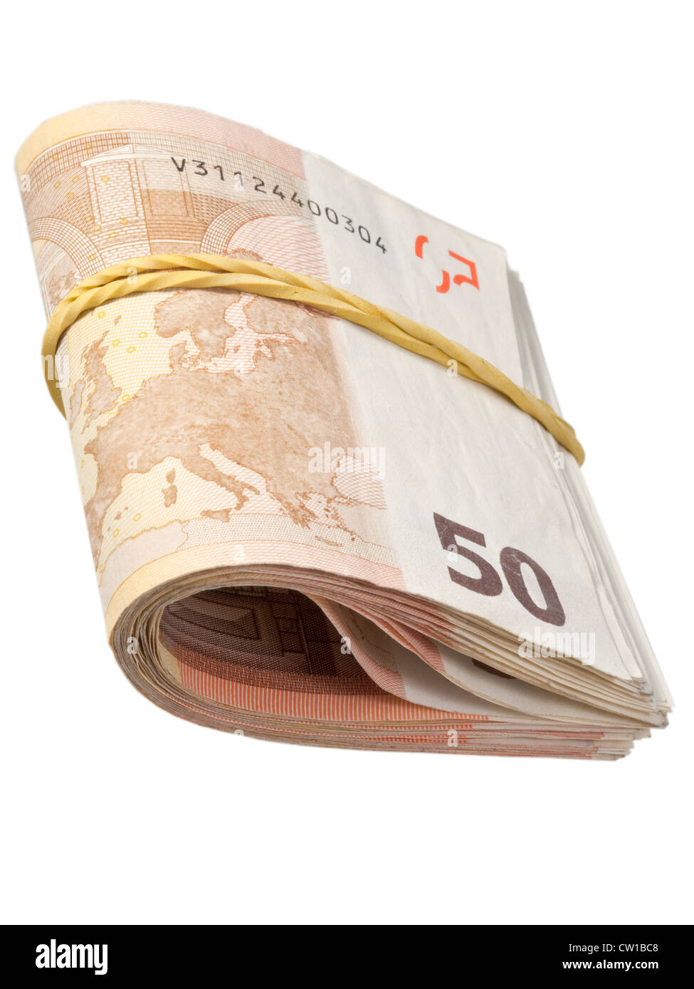 50-Euro-Banknoten unter Gummiband Stockfoto