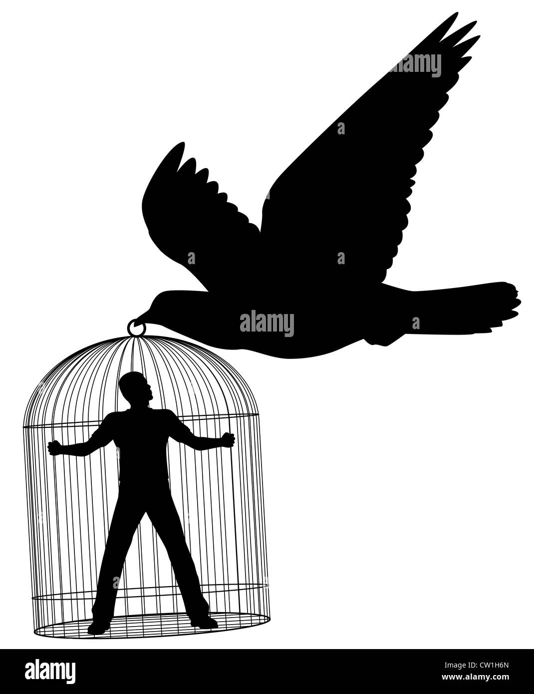 Illustrierte Silhouette eine Taube oder Taube trägt einen Mann in einem Käfig Stockfoto