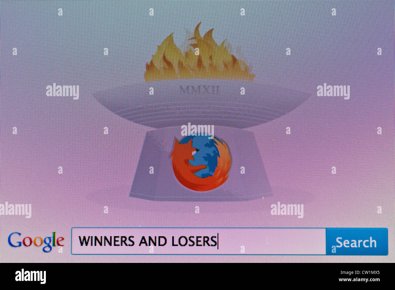 Computer-Bildschirm mit Google-Suche für Gewinner und Verlierer Stockfoto