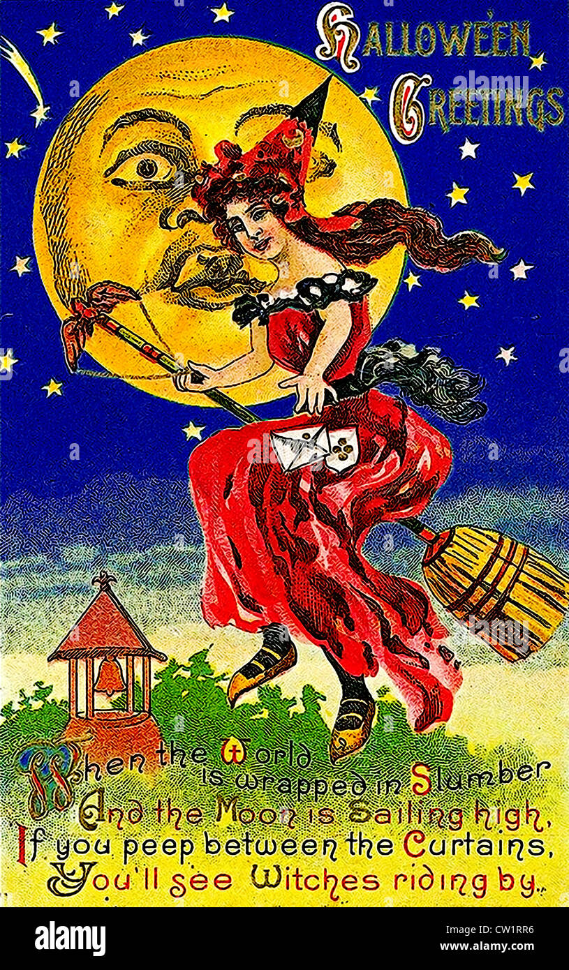 Frau auf einem Besen fliegen Stockfoto