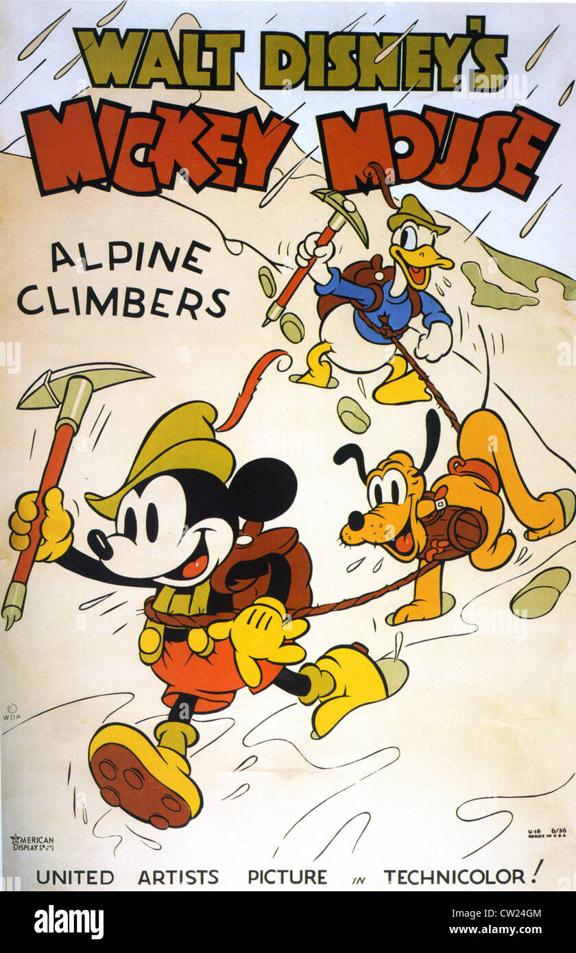 MICKEY Maus ALPINKLETTERERN Plakat für 1936 cartoon Walt Disney/United Artists mit Mickey, Donald Duck und Pluto Stockfoto
