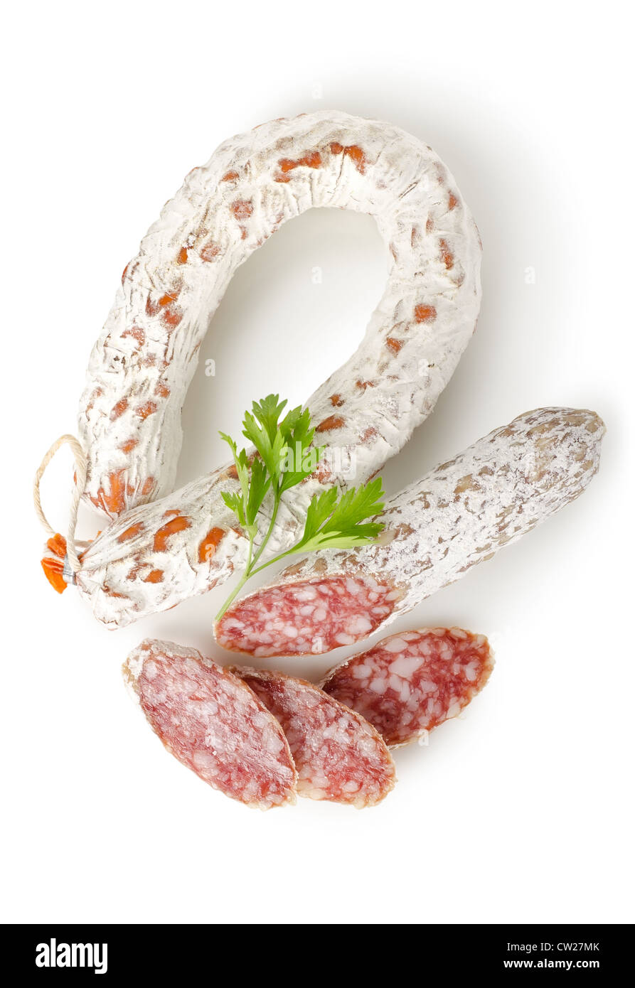 Salami Wurst isoliert auf weißem Hintergrund Stockfoto