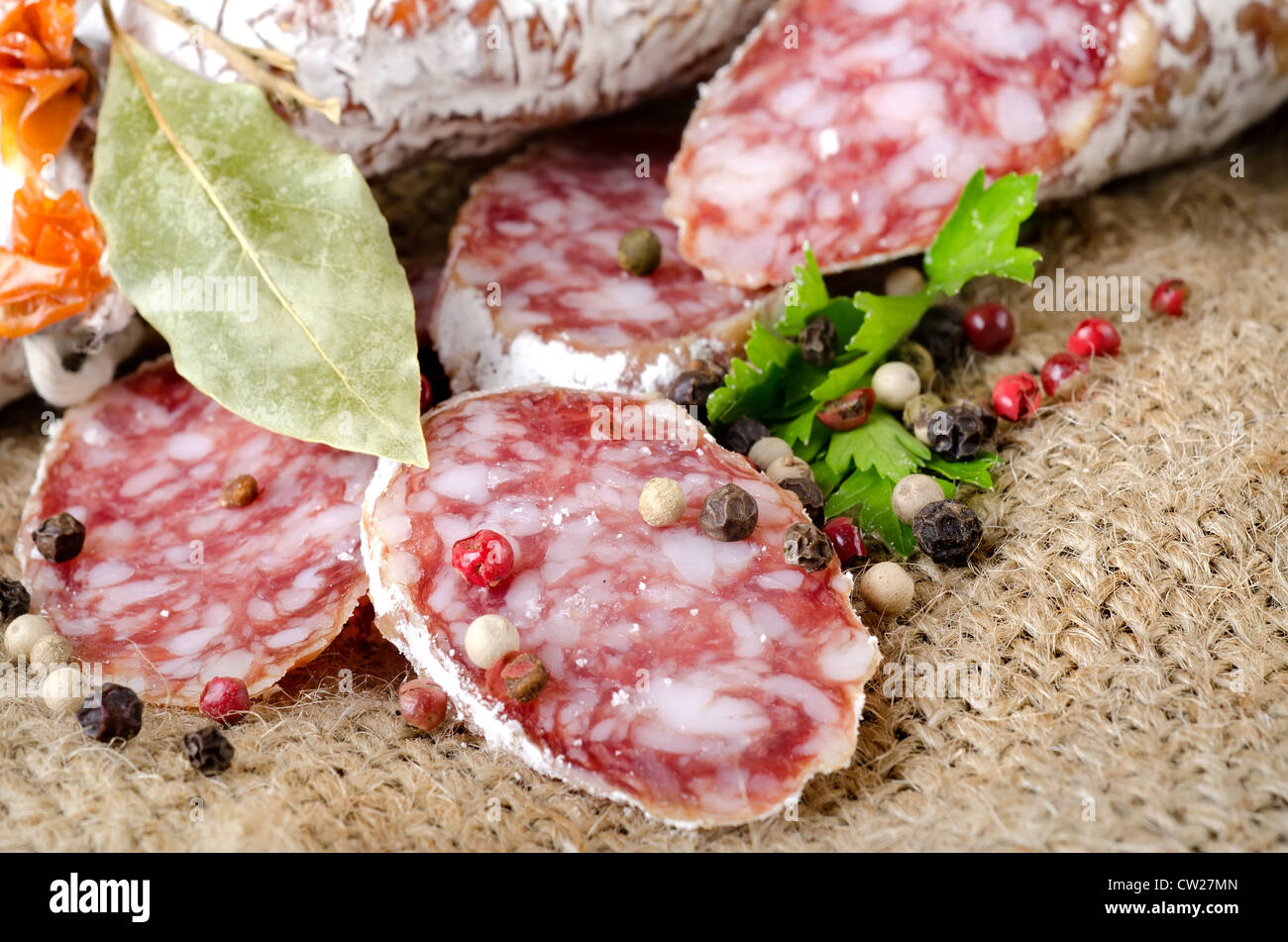 Salami Wurst und Gewürze im Gewebe Stockfoto