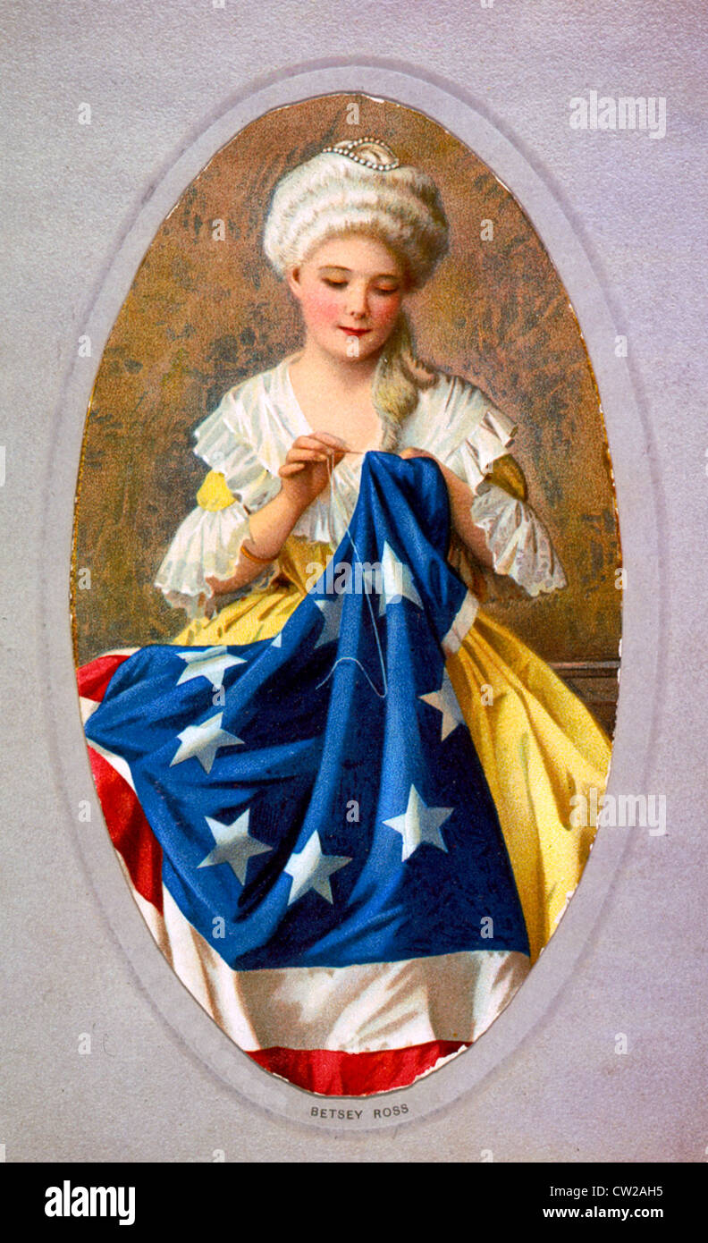 Betsey (Betsy) Ross die erste amerikanische Flagge während USA Unabhängigkeitskrieges Nähen Stockfoto