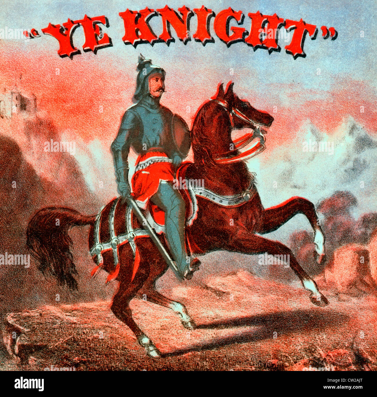 Ihr Ritter - Tabak Etikett zeigt einen berittenen Ritter in Rüstung; im Hintergrund Berge und ein Schloss. Stockfoto