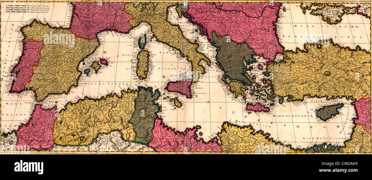 Karte des Mittelmeers mit Italien, Frankreich, Algerien, Ägypten, Spanien und der Adria, ca. 1695 Stockfoto