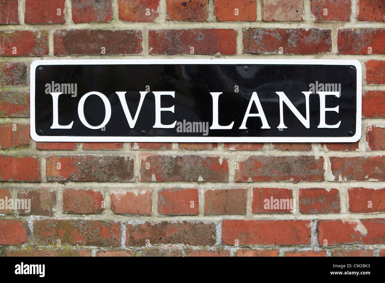 Straßenschild für Love Lane auf Ziegelmauer Stockfoto