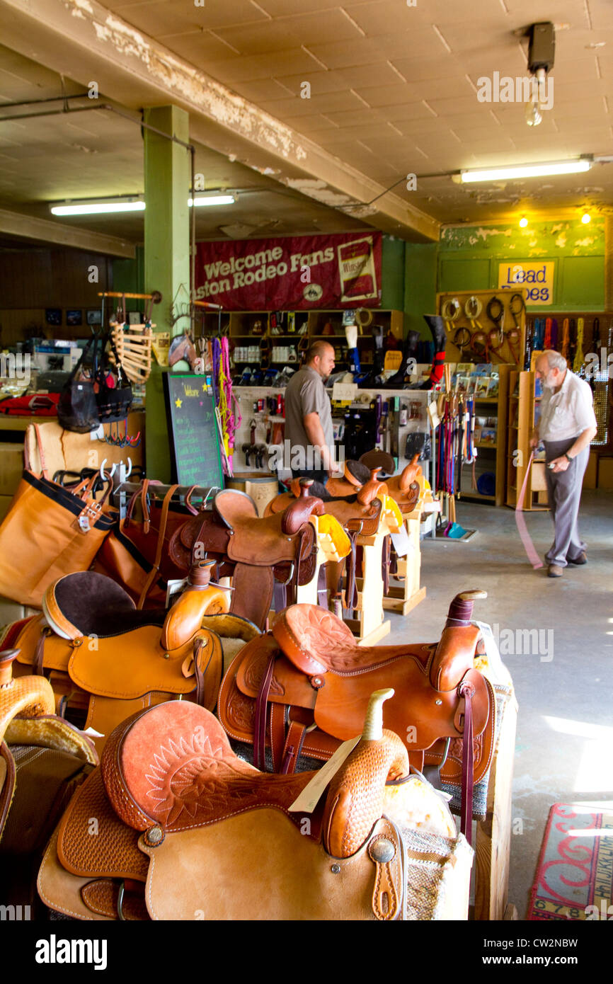 Sättel, Langstons westliche Abnutzung im Viehhof City, Oklahoma City, OK, USA Stockfoto