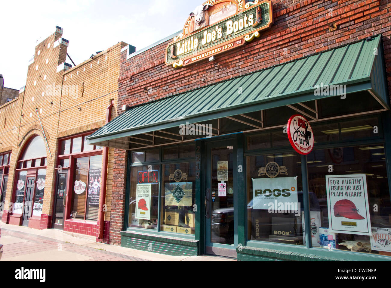 Storefront, Little Joe es Stiefel im Viehhof City, Oklahoma City, OK, USA. Stockfoto