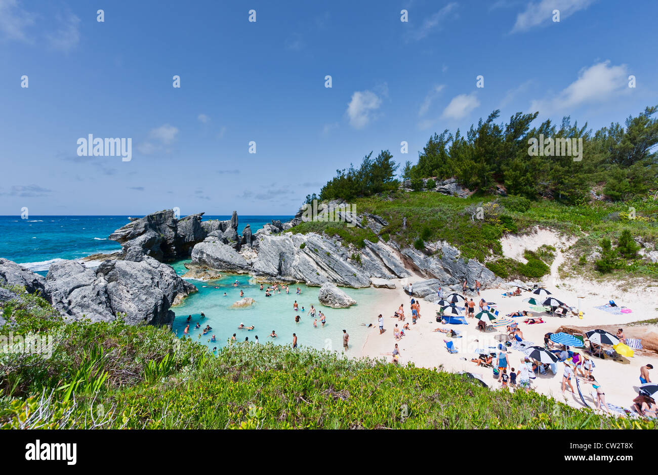 Eine Sommerszene am Horseshoe Bay, Bermuda. Es gibt Sonnenanbeter am Strand und Schwimmer im Wasser. Stockfoto