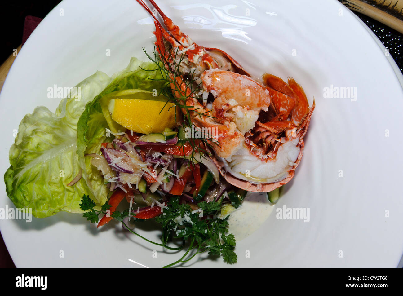 Hummer-Gericht im Restaurant La Sablonerie, Kanalinseln, Isle of Sark, Little Sark Stockfoto