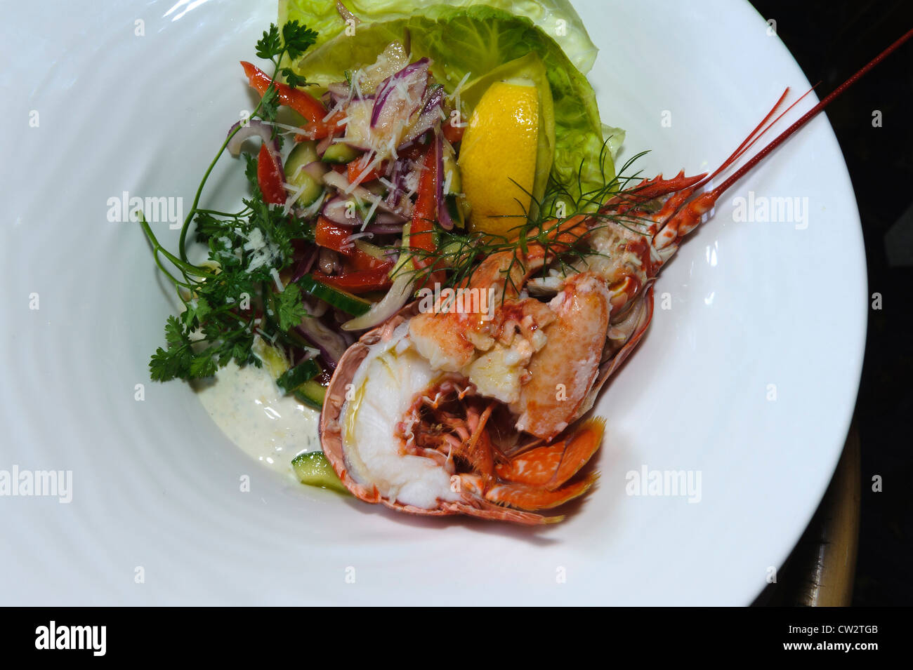 Hummer-Gericht im Restaurant La Sablonerie, Kanalinseln, Isle of Sark, Little Sark Stockfoto